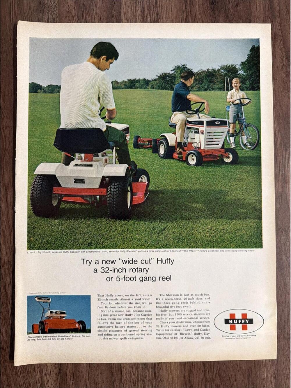 Huffy Try A New Wide Cut 32” Rotary Print Ad Riding Lawnmower Vintage